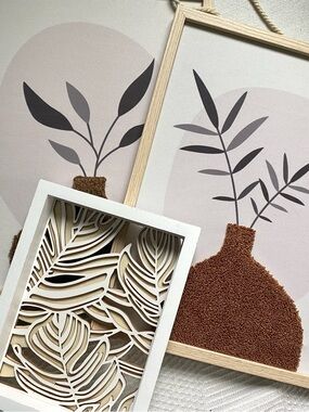 Neutral Botanical Wall Art Set with Layered Wood Accent